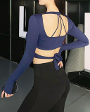 Long Sleeve V Neck Criss Waist Backless Yoga Tops S-L