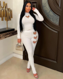 Long Sleeve Women Heart-Shaped Beaded Solid Color Two Piece Pant Set S-XL