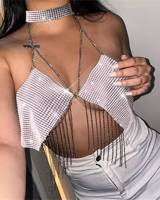 Sexy Backless Sequin Tassel Body Chain Top White Pink Green Black Rosy Gold One Size