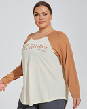 Women Long Sleeve Colorblock Sport Fitness Plus Size Yoga Top Black Coffee Blue XL-4XL