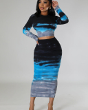 Long Sleeve Printed Women Two Piece Long Skirt Set S-XXL