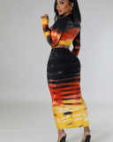 Long Sleeve Printed Women Two Piece Long Skirt Set S-XXL