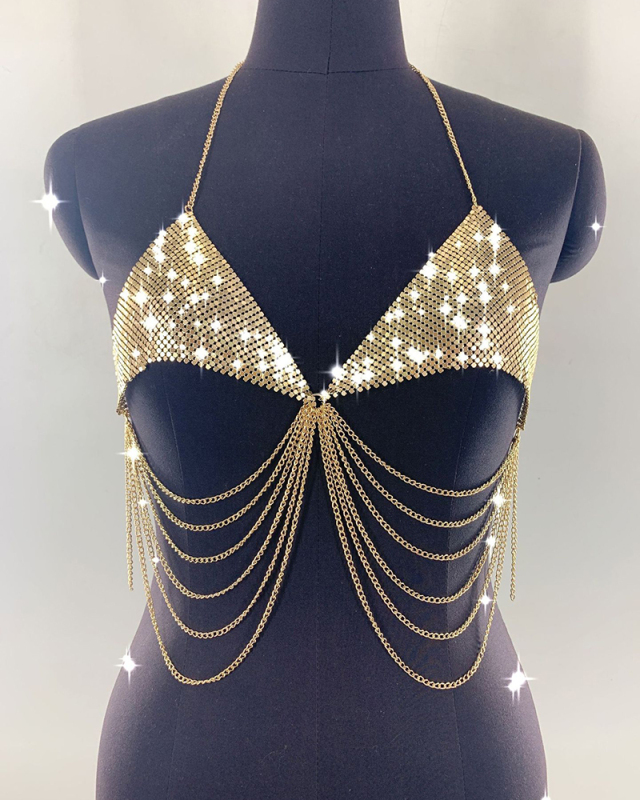 Sexy Shining Sequin Halter Neck Tassel Chian Vest Gold Silver