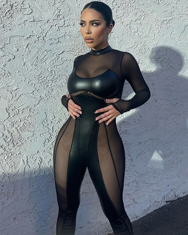 Black Mesh See Through Women Sexy Jumpsuit S-L