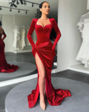 Elegant Velvet Slim Sexy High Waist High Slit Floor-length Long Sleeve Evening Dress Pink Red Blue Black Green S-L