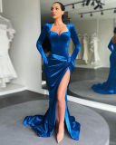 Elegant Velvet Slim Sexy High Waist High Slit Floor-length Long Sleeve Evening Dress Pink Red Blue Black Green S-L
