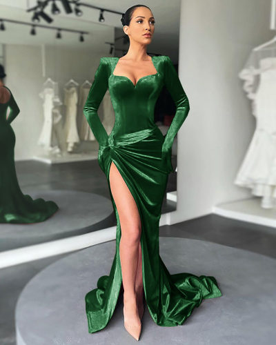 Elegant Velvet Slim Sexy High Waist High Slit Floor-length Long Sleeve Evening Dress Pink Red Blue Black Green S-L