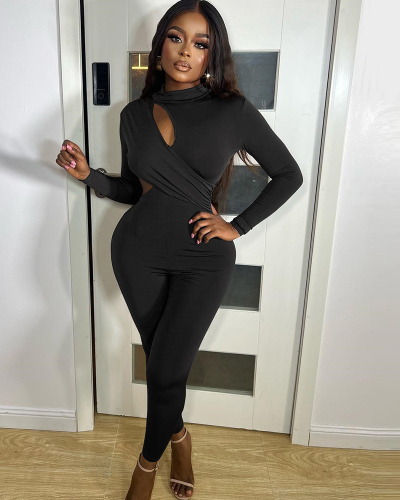 Women Long Sleeve Hollow Out Sexy Crew Neck Slim Jumpsuit Brown Black S-L