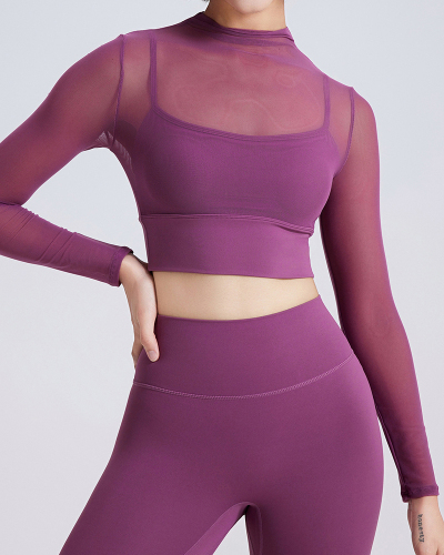 Mesh Long Sleeve Bra Running Sports Quick Dry Sports Bra Top Black Purple Pink Brown Apricot S-XL
