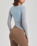 Square Collar Mesh Long Sleeve Irregular Fixed Bra Running Yoga Top S-XL