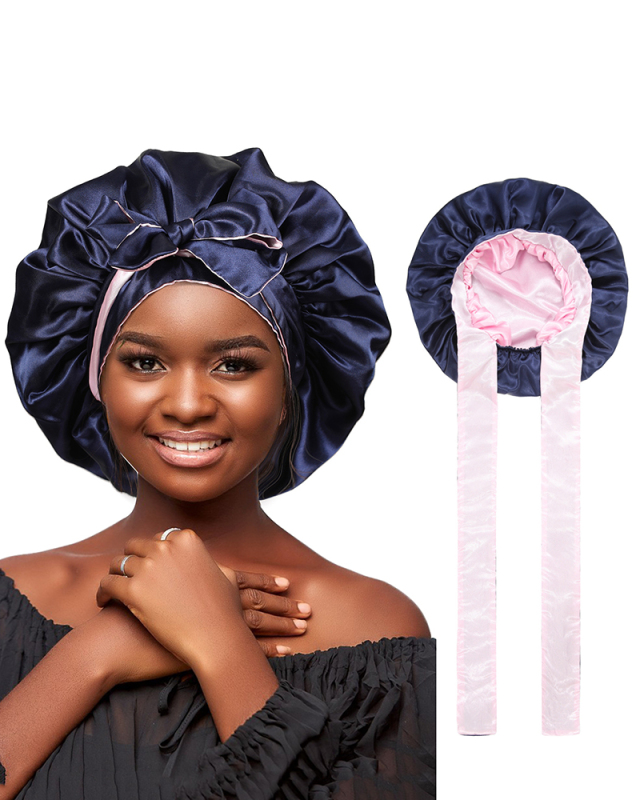 Two Tone Satin Bonnet Silky Bonnet With Tie Band Jumbo Sleeping Silky Bonnet With Elastic Wide Band Wig Edge Wrap Bonnet Satin Sleep Cap Double Layer For Woman Curly Braid Hair