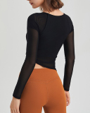 Square Collar Mesh Long Sleeve Irregular Fixed Bra Running Yoga Top S-XL