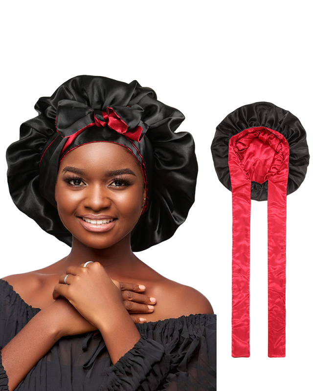 Two Tone Satin Bonnet Silky Bonnet With Tie Band Jumbo Sleeping Silky Bonnet With Elastic Wide Band Wig Edge Wrap Bonnet Satin Sleep Cap Double Layer For Woman Curly Braid Hair