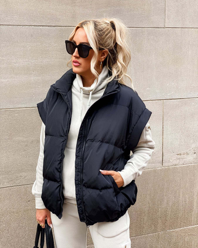 Solid Color Sleeveless Oversize Fashion Stand Collar Casual Jackets S-XL