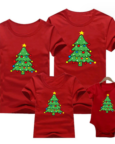 Red Pure Cotton Printed Short Sleeve Family T Shirt