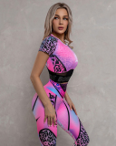 Women Graffiti Slim Fashion High Waist Fitness Shorts Sleeve Short Sports Sets Pink S-XL
