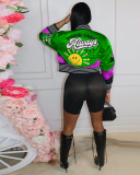 Long Sleeve Colorblock Baseball Fashion Printed Coats Purple Pink Black Blue Green Rosy S-2XL