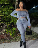 Women Off Shoulder Sexy Long Sleeve Jean Printing Two Pieces Outfit Pants Sets Deep Blue Khaki Light Blue Gray S-2XL