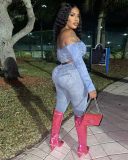 Women Off Shoulder Sexy Long Sleeve Jean Printing Two Pieces Outfit Pants Sets Deep Blue Khaki Light Blue Gray S-2XL