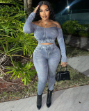 Women Off Shoulder Sexy Long Sleeve Jean Printing Two Pieces Outfit Pants Sets Deep Blue Khaki Light Blue Gray S-2XL