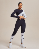 Seamless Long Sleeve Colorblock Sports Tops High Waist Pants Two Pieces Sets Black White S-L
