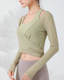 Popular Long Sleeve Mesh Cover Quick Drying Yoga Sports Bra Two Pieces Set S-2XL