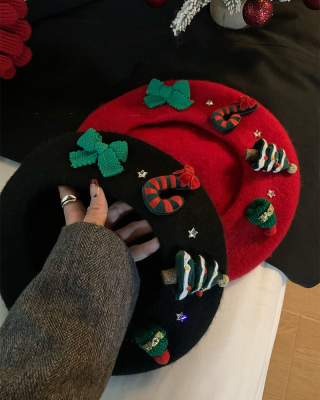 Christmas  Red Wool Tweed Beret Hat