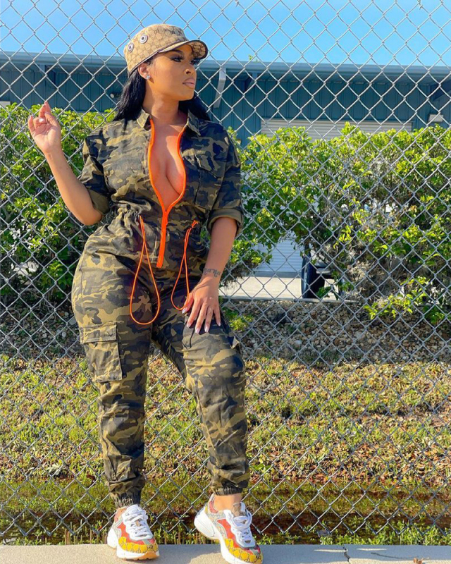 Women Camo Long Sleeve Fashion Plus Size Jumpsuit S-5XL