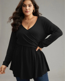 Women Long Sleeve Sexy V Neck Solid Color Casual Rufflers Hem Plus Size Top T-shirt Black XL-3XL