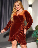 Elegant Velvet V Neck Women Long Sleeve Tassel Plus Size Dresses Party Dress Orange XL-3XL