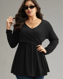 Women Long Sleeve Sexy V Neck Solid Color Casual Rufflers Hem Plus Size Top T-shirt Black XL-3XL