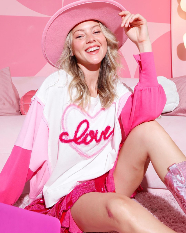 Valentine's Day Sweet Embroidery Peplum Top Long Sleeve Sweatshirt