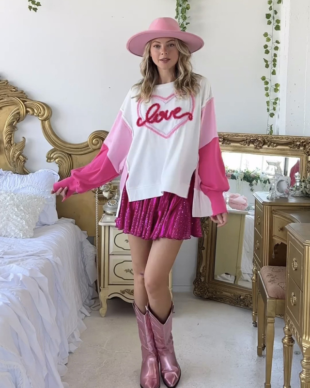 Valentine's Day Sweet Embroidery Peplum Top Long Sleeve Sweatshirt