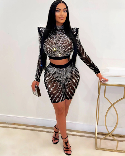 Long Sleeve Sequin Party Two Piece Short Set S-XXL