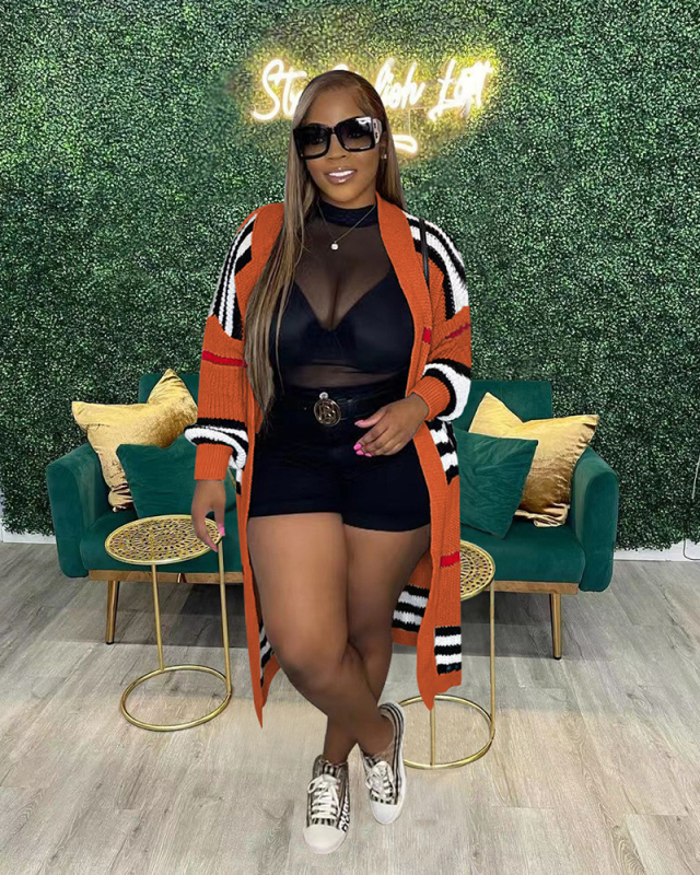 Long Sleeve Stripe Women Winter Long Jacket Coat S-XXL