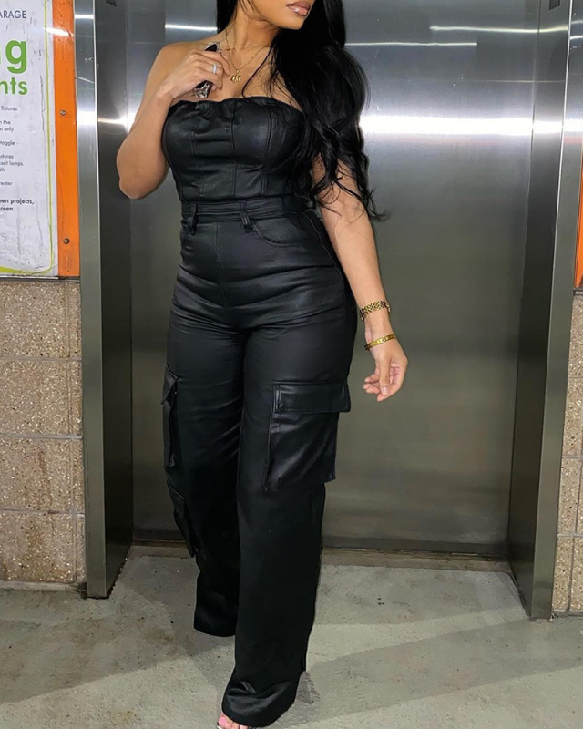 Black PU Wholesale Women Fashion Jumpsuit XS-XL