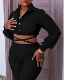 Women Long Sleeve Laple Crop Top Strappy High Waist Wide Leg Pants Two Pieces Outfit Pants Sets Blue Khaki Black S-3XL