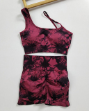 Seamless One Shoulder Sleeveless Sports Bra Hips Lift Shorts Yoga Two-piece Shorts Sets S-L