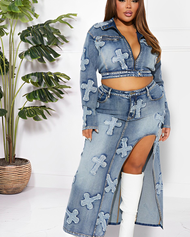 High Quality Women Jean Two Piece Skirt Set S-XXL