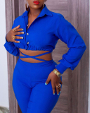 Women Long Sleeve Laple Crop Top Strappy High Waist Wide Leg Pants Two Pieces Outfit Pants Sets Blue Khaki Black S-3XL