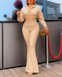 Women Long Sleeve Laple Crop Top Strappy High Waist Wide Leg Pants Two Pieces Outfit Pants Sets Blue Khaki Black S-3XL