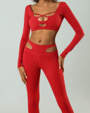Women Long Sleeve Hollow Out Sexy Yoga Two-piece Set S-XL