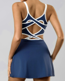Women Sports Tennis Hollow Put Criss Cross Back Lined Tennis Dress Skirt S-L