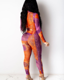 Mesh Printed Long Sleeve High Neck Slim Jumpsuit S-XL