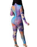 Mesh Printed Long Sleeve High Neck Slim Jumpsuit S-XL