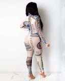 Mesh Printed Long Sleeve High Neck Slim Jumpsuit S-XL