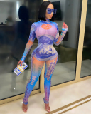Mesh Printed Long Sleeve High Neck Slim Jumpsuit S-XL