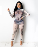 Mesh Printed Long Sleeve High Neck Slim Jumpsuit S-XL