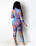 Mesh Printed Long Sleeve High Neck Slim Jumpsuit S-XL