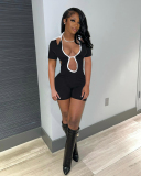 Black Short Sleeve Women Open Back Jumpsuit S-2XL